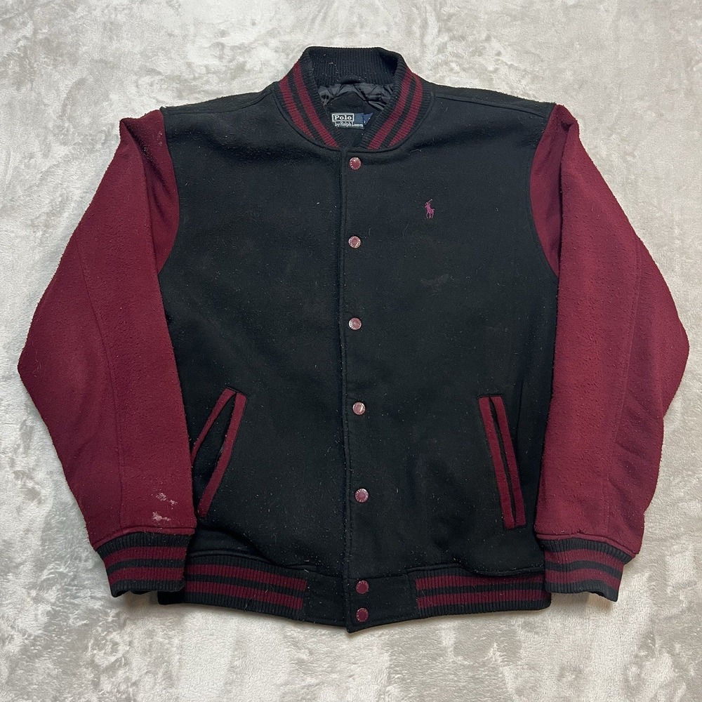 Vintage 90s Polo Ralph Lauren Jacket Mens Size 2XL Fleece Varsity Maroon Black